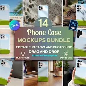 Puede incluir: Maquetas de fundas para teléfonos con un diseño de paisaje, con cielo azul, nube blanca y colinas verdes. La imagen incluye el texto "14 Phone Case Mockups Bundle" y "Editable in Canva and Photoshop".