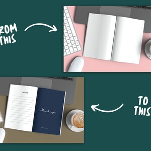 Open 6 X 9 Book Mockup With Laptop Psd and Jpg, Realistic Open Magazine ...
