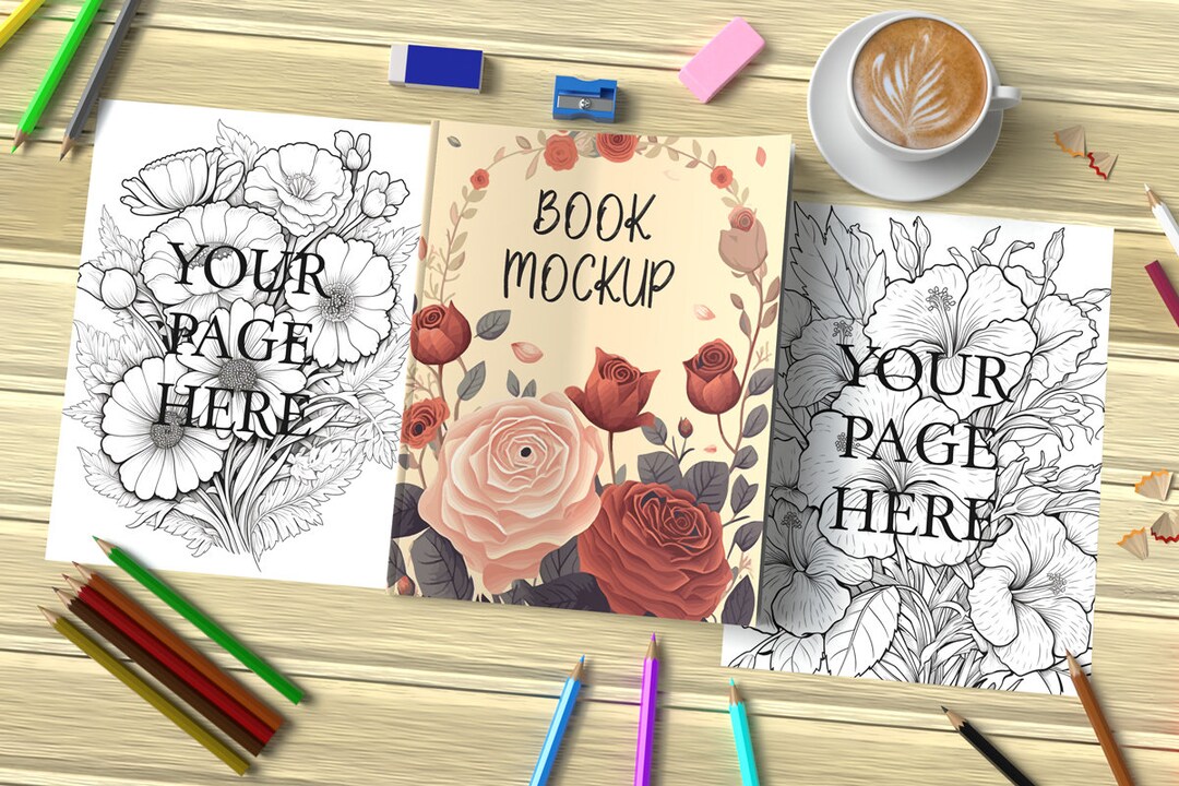 Two Coloring Pages and Book Cover Mockup, Book Cover and Pages Mockup