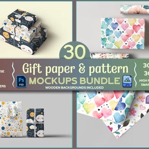 Geschenkpapier und Muster Mockup Bundle, Komplettes Geschenkverpackungs Mockup Kit, Geschenkpapier und Muster Mockup Bundle