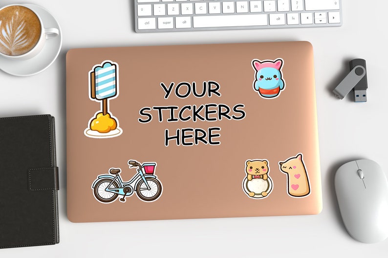 Laptop Stickers Mockup With Desk Elements Psd and Jpg, Laptop Stickers ...