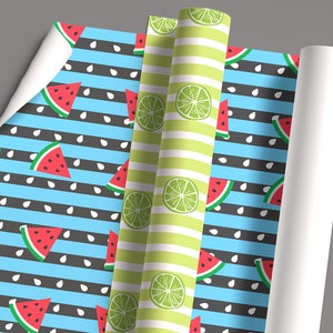 May include: Three rolls of wrapping paper with a summer fruit theme. One roll has a blue and black striped background with white watermelon slices and seeds. Another roll has a green and white striped background with lime slices. The third roll is white.