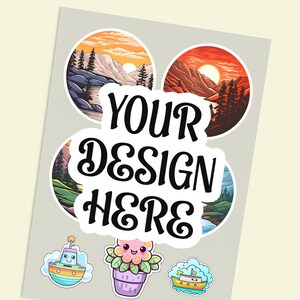 May include: A sheet of stickers with a variety of designs. The stickers feature a variety of landscapes, a cute flower in a pot, and a boat. The text "YOUR DESIGN HERE" is written in a large, bold font.