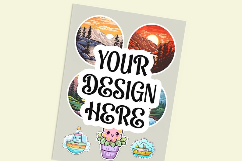 May include: A sheet of stickers with a variety of designs. The stickers feature a variety of landscapes, a cute flower in a pot, and a boat. The text "YOUR DESIGN HERE" is written in a large, bold font.