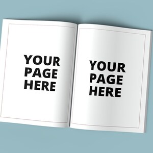Puede incluir: Una maqueta de revista blanca con el texto "YOUR PAGE HERE" en ambas páginas.