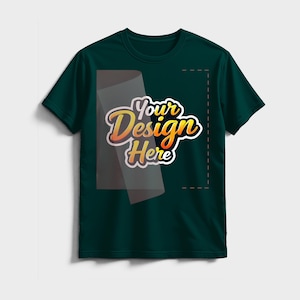 May include: Dark teal t-shirt with the text "Your Design Here" in a colourful, stylised font. The design is overlaid on a transparent rectangle. The shirt has short sleeves and a crew neck.