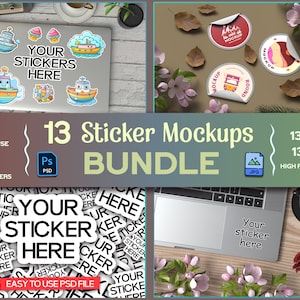 Sticker mockups bundle, Editable Photoshop sticker mockup templates in a bundle, High-resolution sticker mockups for realistic presentations