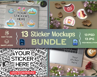 Sticker mockups bundle, Editable Photoshop sticker mockup templates in a bundle, High-resolution sticker mockups for realistic presentations