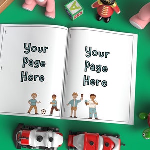 以下が含まれることがあります： 各ページに「Your Page Here」というテキストが書かれた、開かれた塗り絵の本。本は、おもちゃの電車、ぬいぐるみ、積み木、クレヨンなど、さまざまな玩具に囲まれています。