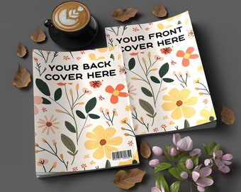 Może przedstawiać: Makieta książki z kwiatowym wzorem na okładce przedniej i tylnej. Okładka przednia zawiera napis "YOUR FRONT COVER HERE", a okładka tylna "YOUR BACK COVER HERE".