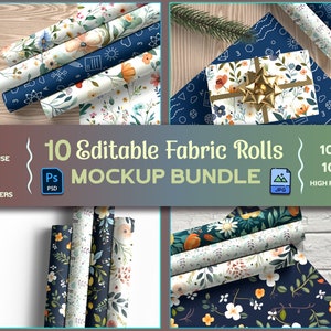 May include: Mockup of 10 editable fabric rolls with floral and geometric patterns. The rolls are arranged in a stack and on a wooden surface. The image includes the text "10 Editable Fabric Rolls Mockup Bundle".