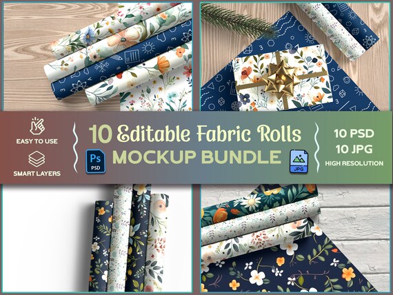 Editable Fabric Rolls Mockup Bundle, Fabric Mockup Bundle, Etsy Listing Mockup Bundle, Gift Wrapping Paper Mockup Bundle, Pattern Mockup