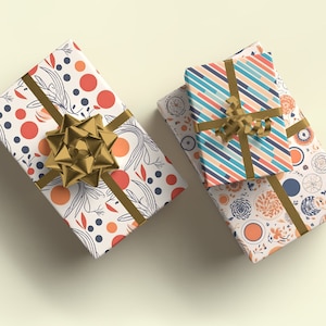 wrapped gifts paper mockup, Wrapping paper design template mockup, Gift packaging mockup, Patterned gift wrap template, Gift box mockup
