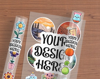 DTF Transfer Sheet and Rolls Mockup, Digital transfer film roll mockup, Transfer sheet layout mockup, Stickers mockup PSD