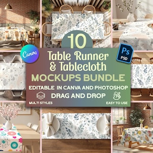 Table runner and tableclothe mockup bundle, Table runner mockup bundle, Editable tablecloth mockup, dining table top view mockup
