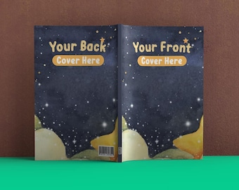 Könnte beinhalten: Ein Mockup eines Buchumschlags mit dunkelblauem Hintergrund und einem Aquarelldesign aus Sternen und Wolken. Der Text "Your Back Cover Here" und "Your Front Cover Here" ist auf dem Vorder- und Rückseite gedruckt.