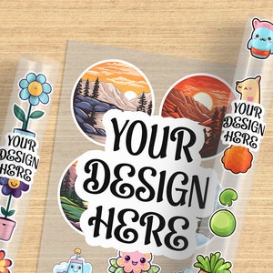 May include: A sheet of clear sticker paper with various designs, including a mountain landscape, a flower, a cartoon character, and the text "YOUR DESIGN HERE".