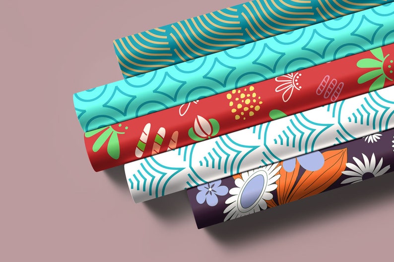 May include: Five rolls of wrapping paper with different colorful patterns. The patterns include geometric shapes, flowers, and abstract designs.