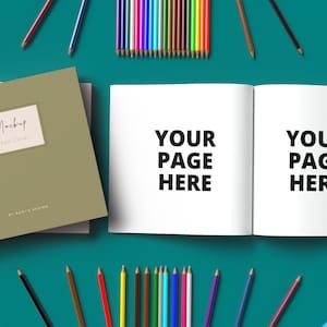 May include: A mockup of a book cover with the text "Mockup Book Cover" and a blank page spread open with the text "Your Page Here" on each page. The book is surrounded by colored pencils on a teal background.