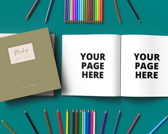 以下が含まれることがあります： 「Mockup Book Cover」というテキストが書かれた本の表紙のモックアップと、各ページに「Your Page Here」というテキストが書かれた空白のページが2ページ広げられています。本はターコイズブルーの背景に色鉛筆で囲まれています。