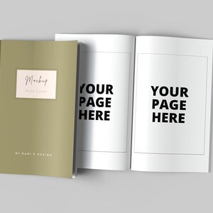 May include: A mockup of a book cover with the text "Mockup Book Cover" and "By Sami's Design". The book is open to reveal two blank pages with the text "Your Page Here" on each page.
