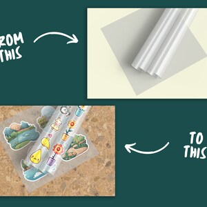 May include: A sheet of clear adhesive paper with colourful cartoon stickers on it. The stickers feature images of a mountain, a flower, a bird, a heart, and a cat. The sheet is on a brown cork surface. "From this" and "To this" are written on the image.