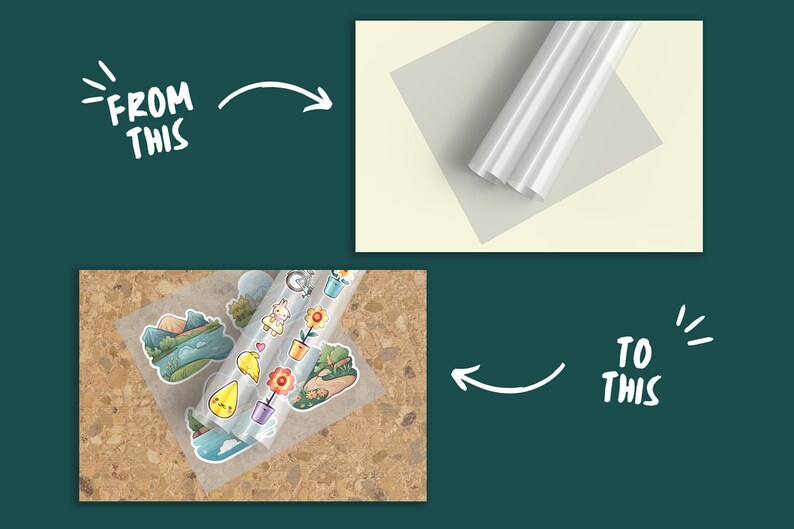 May include: A sheet of clear adhesive paper with colourful cartoon stickers on it. The stickers feature images of a mountain, a flower, a bird, a heart, and a cat. The sheet is on a brown cork surface. "From this" and "To this" are written on the image.