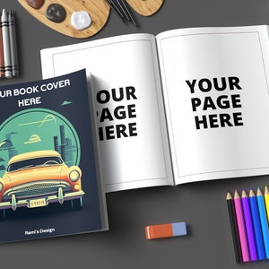 8 x 10 Coloring book cover and pages mockup, Educational Coloring Book Mockup, Coloring Book with Pencils, Coloring Book Party Favor Mockup