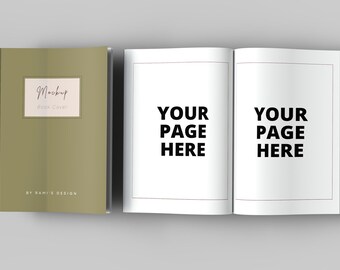 以下が含まれることがあります： 緑色の背景に「Mockup Book Cover」というテキストが白い枠で囲まれた本の表紙のモックアップ。本が開かれており、2つの空白ページが表示され、各ページに「Your Page Here」というテキストが書かれています。