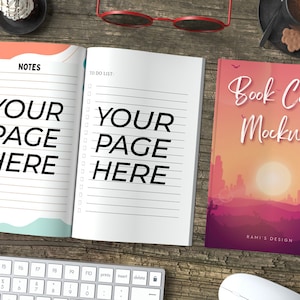 Puede incluir: Una maqueta de portada de libro con una escena de puesta de sol y el texto "Book Cover Mockup" y "RAMI'S DESIGN". La portada del libro está sobre una mesa de madera junto a un cuaderno, un teclado, un ratón, una taza de café y una galleta.