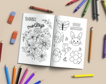 6 x 9 inch Open kleurboek mockup, Educatieve Coloring Book Mockup, Coloring Book met Potloden Mockup, Kdp een plus inhoud mockup