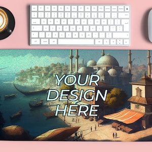 Könnte beinhalten: Eine farbenfrohe Illustration einer Stadt mit einer Moschee, Booten und Gebäuden. Der Text "YOUR DESIGN HERE" ist über das Bild gelegt.