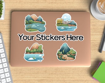Mockup vetrina adesivi per laptop, Mockup disposizione adesivi per laptop, Mockup adesivo su laptop chiuso, Mockup raccolta adesivi