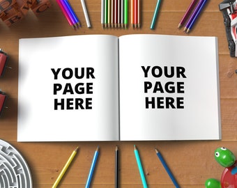 Square coloring book pages mockup for kids Psd and Jpg, Children coloring book mockup, Interactive kid book mockup, Playful kids book mockup