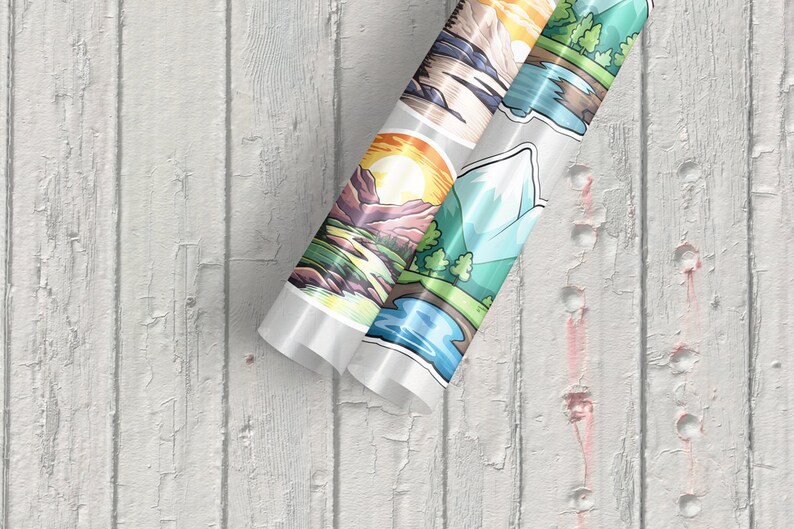 May include: Roll of clear vinyl sticker paper with colourful mountain landscape designs. The stickers feature a variety of scenes, including a mountain range with a sun setting behind it, a mountain lake with a snowy peak in the background, and a forest scene with a river running through it.