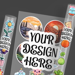 May include: A sheet of clear sticker paper with various designs. The designs include a mountain range with a sunset, a flower in a pot, a cartoon character, and a text overlay that says "YOUR DESIGN HERE".