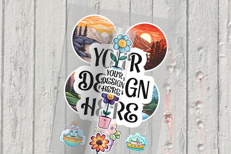May include: A set of colorful stickers featuring nature scenes, flowers, and boats. The stickers are on a white wood background. The text "YOUR DESIGN HERE" is written in black on a white sticker.