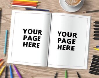 Open boek mockup met stiften en potloden Psd en Jpg, Open kleurboek mockup, Tekenpagina's mockup, Educatief kleurboek mockup