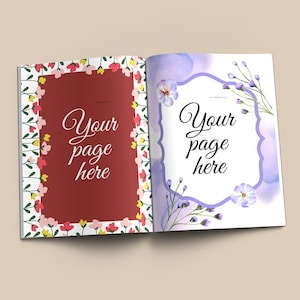 Può includere: Mockup di libro aperto con sfondo rosso sulla pagina sinistra e sfondo bianco con acquerello viola sulla pagina destra. Entrambe le pagine hanno bordi floreali e il testo "Your page here" in un carattere decorativo.