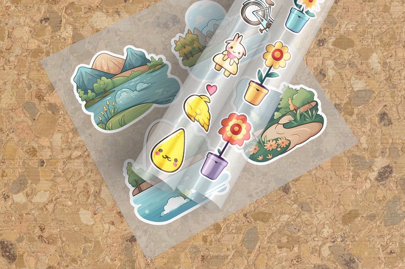 May include: A sheet of clear sticker paper with various colourful cartoon stickers. The stickers include a mountain scene, a flower in a pot, a bird, a raindrop, a bunny in a dress, and a bicycle.