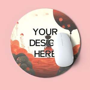 May include: Round mouse mat featuring a whimsical illustration of a girl holding a balloon in a woodland setting. The text "YOUR DESIGN HERE" is printed in black on the mouse mat.