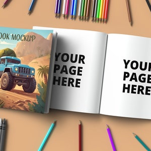 Square Book Branding Mockup, open and closed coloring book mockup, book cover and pages mockup, Coloring Book with Pencils Mockup