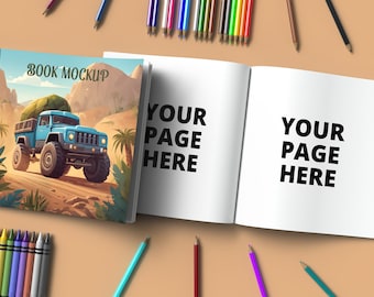 Vierkant boek branding mockup, open en gesloten kleurboek mockup, boekomslag en pagina's mockup, kleurboek met potloden mockup