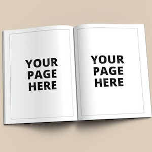 Puede incluir: Una maqueta de una revista abierta con el texto "YOUR PAGE HERE" en ambas páginas.
