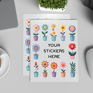 Może przedstawiać: Zestaw kolorowych naklejek z kwiatami w różnych wzorach. Naklejki znajdują się na białym tle z tekstem "YOUR STICKERS HERE".