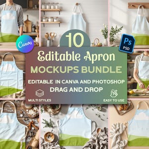 May include: A bundle of 10 editable apron mockups for Canva and Photoshop. The mockups feature different styles of aprons, including a white apron with a green and blue landscape design, a white apron with a green bottom, and a white apron with a green and blue landscape design. The mockups are easy to use and can be customized with your own designs.