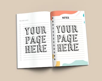 Może przedstawiać: Otwarty notes z liniowanymi stronami. Lewa strona zawiera listę rzeczy do zrobienia z polami wyboru i tekstem "YOUR PAGE HERE". Prawa strona zawiera tekst "NOTES" i "YOUR PAGE HERE" z kolorowym abstrakcyjnym wzorem.