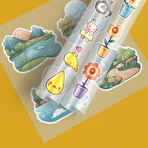 May include: A sheet of colourful stickers featuring a variety of nature-themed designs, including a mountain range, a lake, a bird, a flower, and a bunny rabbit. The stickers are printed on clear vinyl and are perfect for adding a touch of whimsy to any surface.