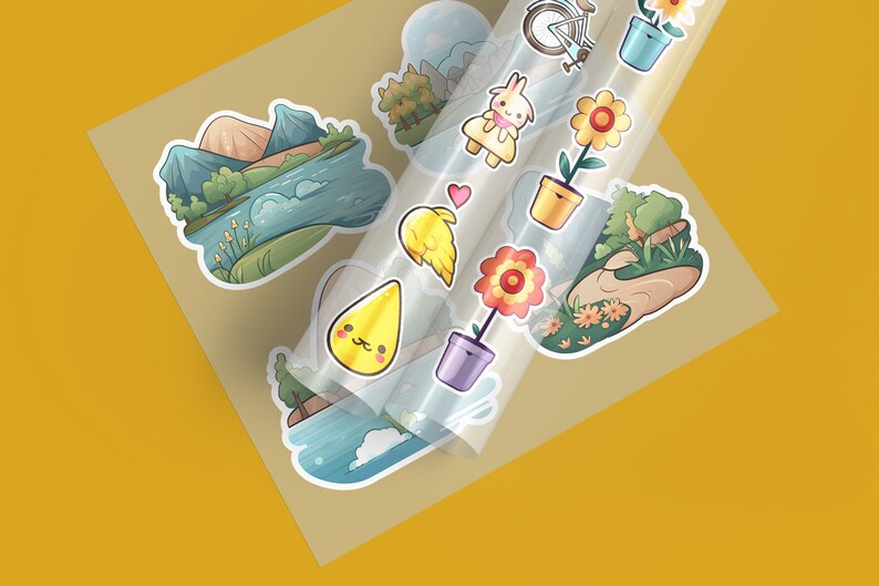 May include: A sheet of colourful stickers featuring a variety of nature-themed designs, including a mountain range, a lake, a bird, a flower, and a bunny rabbit. The stickers are printed on clear vinyl and are perfect for adding a touch of whimsy to any surface.