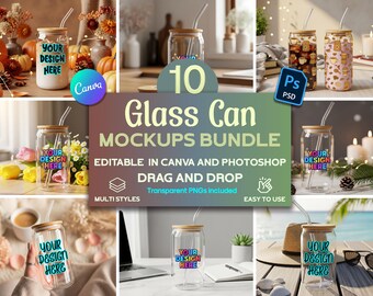 Lot de maquettes de canettes en verre pour Canva et Photoshop, lot de maquettes de canettes en verre pour des conceptions à sublimation, lot de maquettes pour sublimation de verres